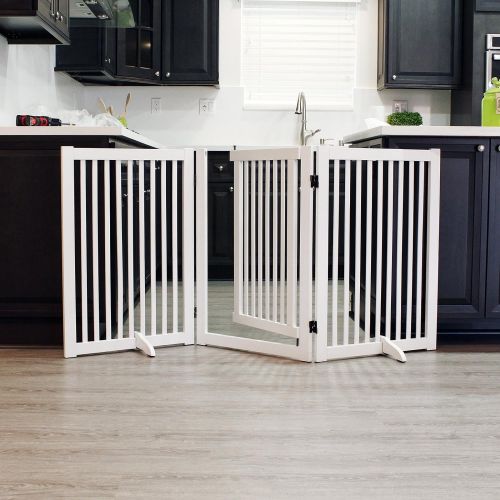  WELLAND Freestanding Wood Pet Gate with Walk Through Door Espresso, 66-Inch Width, 32-Inch Height (Set of Support Feet Included)