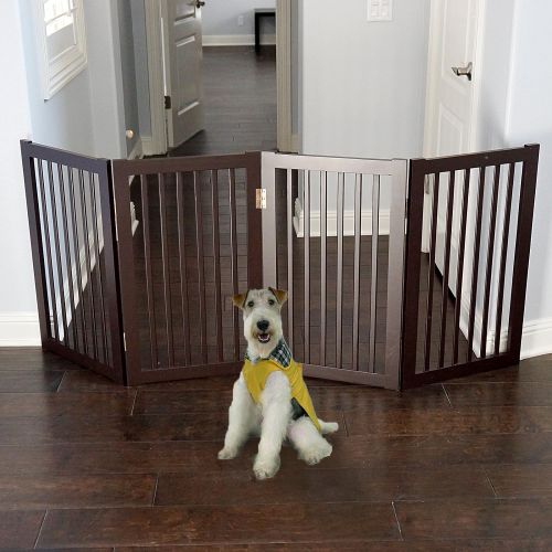  WELLAND Freestanding Wood Pet Gate with Walk Through Door Espresso, 66-Inch Width, 32-Inch Height (Set of Support Feet Included)