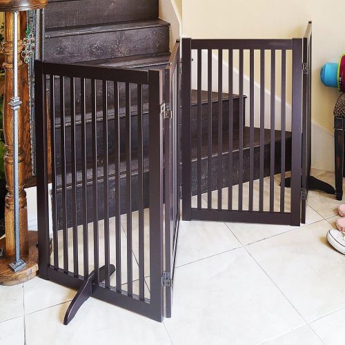  WELLAND Freestanding Wood Pet Gate with Walk Through Door Espresso, 66-Inch Width, 32-Inch Height (Set of Support Feet Included)