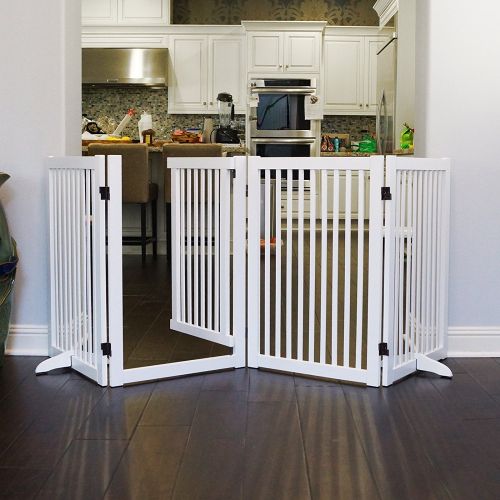  WELLAND Freestanding Wood Pet Gate w/Walk Through Door Espresso, 88-Inch Width, 32-Inch Height...