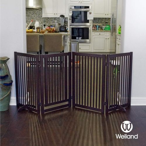  WELLAND Freestanding Wood Pet Gate w/Walk Through Door Espresso, 88-Inch Width, 32-Inch Height...