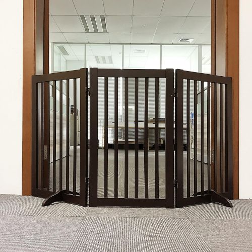  WELLAND Freestanding Wood Pet Gate w/Walk Through Door Espresso, 88-Inch Width, 32-Inch Height...