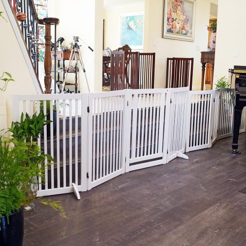  WELLAND Freestanding Wood Pet Gate w/Walk Through Door Espresso, 88-Inch Width, 32-Inch Height...