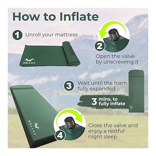  WELLAX Sleeping Pad - Foam Camping Mat, Fast Air Self-Inflating Insulated Durable Mattress for Backpacking, Traveling and Hiking - Ultrathick All-Weather Foam Pad with Build in Pillow (Green-3