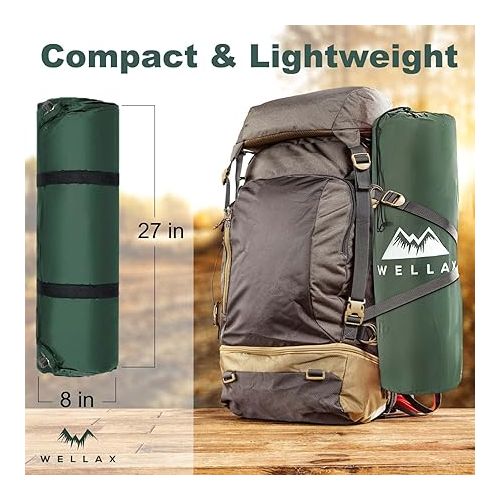  WELLAX Sleeping Pad - Foam Camping Mat, Fast Air Self-Inflating Insulated Durable Mattress for Backpacking, Traveling and Hiking - Ultrathick All-Weather Foam Pad with Build in Pillow (Green-3