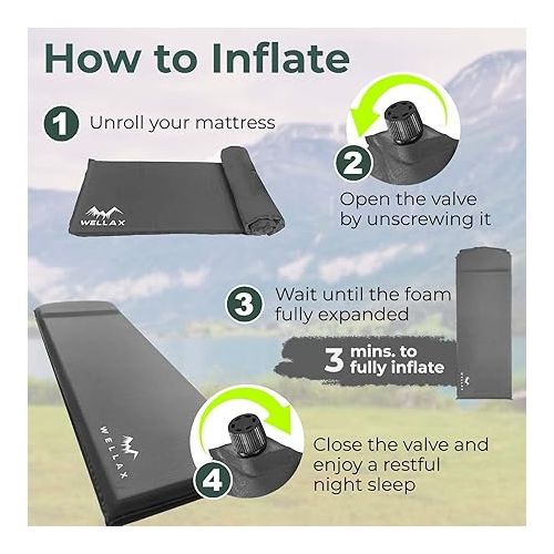  WELLAX Sleeping Pad - Foam Camping Mats, Fast Air Self-Inflating Insulated Durable Mattress for Backpacking, Traveling and Hiking - Ultrathick All-Weather Foam Pad with Build in Pillow (Gray-3