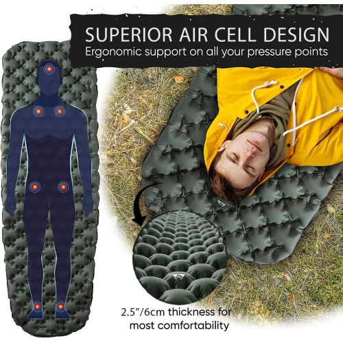  WELLAX Ultralight Air Sleeping Pad - Inflatable Sleeping Mat, Ultimate Airpad for Backpacking, Traveling, Camping and Hiking - Repair Kit, Carry Bag, Compact Air Mattress