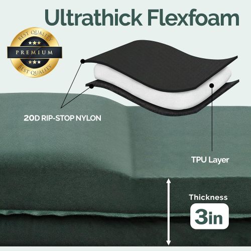  [아마존베스트]WELLAX UltraThick FlexFoam Sleeping Pad - Self-Inflating 3 Inches Camping Mat for Backpacking, Traveling and Hiking - 3inch Thickness for Better Stability & Support