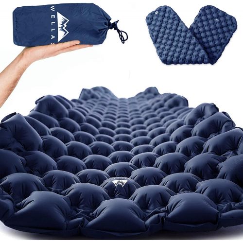  WELLAX Ultralight Air Sleeping Pad - Inflatable Sleeping Mat, Ultimate Airpad for Backpacking, Traveling, Camping and Hiking - Repair Kit, Carry Bag, Compact Air Mattress