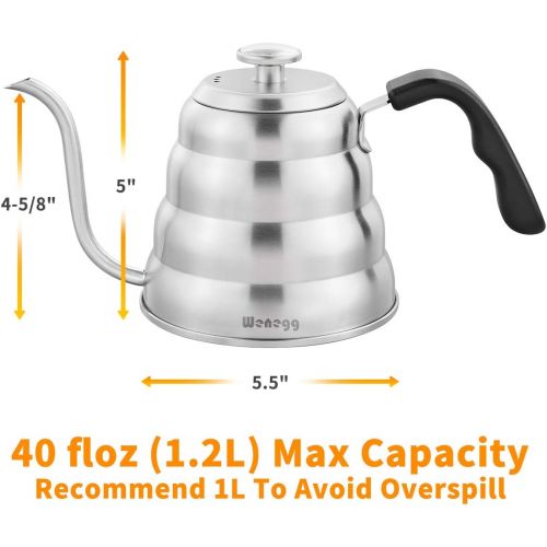 WENEGG Pour Over Coffee Kettle with Thermometer for Exact Temperature 40 fl oz - Premium Stainless Steel Gooseneck Tea Kettle for Drip Coffee, French Press and Tea - Works on Stove and An