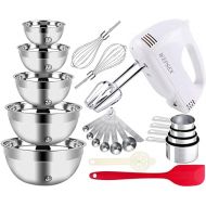 5-Speed Electric Hand Mixer, 5 Large Mixing Bowls Set, Handheld Mixers with Whisks Beater, Stainless Steel Metal Nesting Bowl Measuring Cups Spoons Kitchen Cake Blender for Baking Supplies