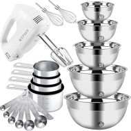 Hand Mixer Electric Mixing Bowls Set, 5 Speeds Handheld Mixer with 5 Nesting Stainless Steel Mixing Bowl, Measuring Cups Spoons 200W Kitchen Blender Whisk Beater Baking Supplies For Beginner