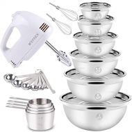 [아마존베스트]WEPSEN Electric Hand Mixer Mixing Bowls Set, Upgrade 5-Speeds Mixers with 6 Nesting Stainless Steel Mixing Bowl, Measuring Cups and Spoons Whisk Blender -Kitchen Baking Supplies For Cooki