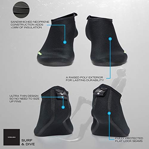  WETSOX Fully Reinforced Fin Socks, 1mm Neoprene Core, Raised Poly Laminate Exterior, Flat Lock Seams