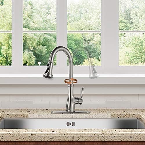  Kitchen Faucet-WEWE Single Handle Stainless Steel Brushed Nickel Pull Down Kitchen Sink Faucet with Pull Out Sprayer