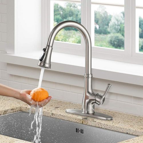  Kitchen Faucet-WEWE Single Handle Stainless Steel Brushed Nickel Pull Down Kitchen Sink Faucet with Pull Out Sprayer