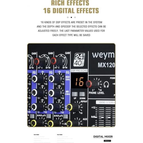  MX-120 Professional Mixer (12-Channel) for Recording DJ Stage Karaoke/W Graphic Equalizer and DSP Effector w/USB Drive for Recording Input, XLR Microphone Jack, 48V Power, RCA Output