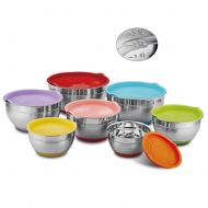WEZVIX Stainless Steel Mixing Bowls with Lids - 7-5-4-3.5-2.5-2-1.5 QT Set of 7 Nesting Bowls with Silicone Bottom and Measurements, Heavy Duty & Easy Clean