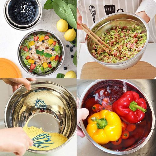  WEZVIX Stainless Steel Mixing Bowls with Lids - 7-5-4-3.5-2.5-2-1.5 QT Set of 7 Nesting Bowls with Silicone Bottom and Measurements, Heavy Duty & Easy Clean
