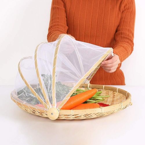  WElinks Hand Woven Bug Proof Basket Mosquito Proof Basket Dustproof Picnic Fruit Basket Handmade Fruit Vegetable Bread Cover Basket Bamboo Wicker Basket Picnic Fruit Tray Food Bread Dishes