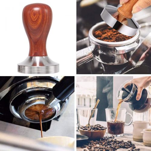  WElinks Stainless Steel Base Coffee Tamper w/Wooden Handle, 49/51/58mm Thread Base Espresso Tamper Heavy Duty Coffee Bean Press Barista Tools Coffee Grind Pressing Coffee Shop Grinder Supp