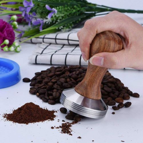  WElinks Stainless Steel Base Coffee Tamper w/Wooden Handle, 49/51/58mm Thread Base Espresso Tamper Heavy Duty Coffee Bean Press Barista Tools Coffee Grind Pressing Coffee Shop Grinder Supp