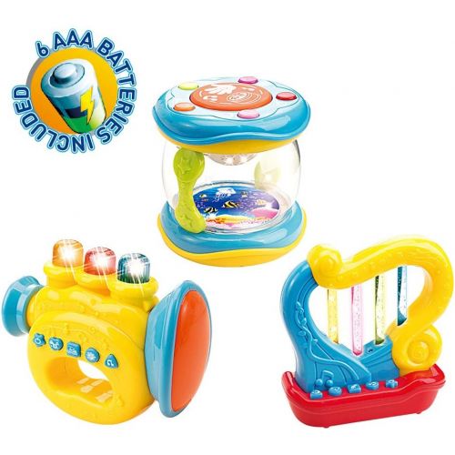  [아마존베스트]WEofferwhatYOUwant Set of 3 Trumpet, Drum and Harp Music Toys with Batteries | Musical Instruments for Baby Learning and Entertainment