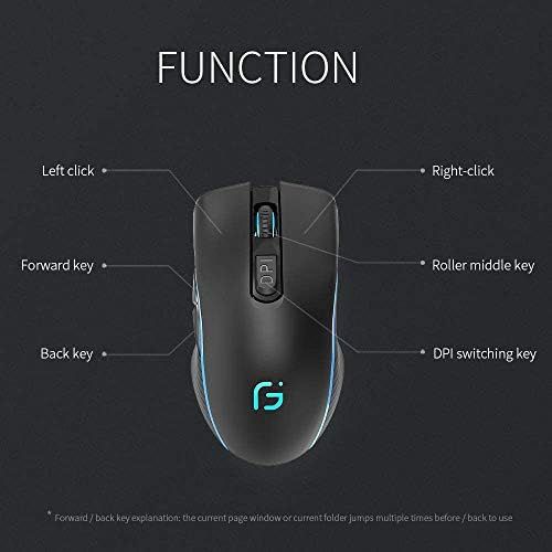  WFB Wireless Gaming Mouse Rechargeable Full Size Bluetooth Mice 2.4G with Nano USB Receiver,3 Adjustable DPI Levels,6 Buttons for Notebook,PC,Laptop,Computer,MacBook(Black)
