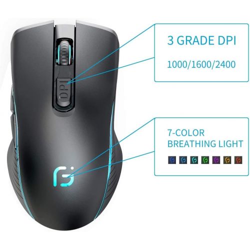  [아마존베스트]WFB Wireless Gaming Mouse Rechargeable Full Size Bluetooth Mice 2.4G with Nano USB Receiver,3 Adjustable DPI Levels,6 Buttons for Notebook,PC,Laptop,Computer,MacBook(Black)