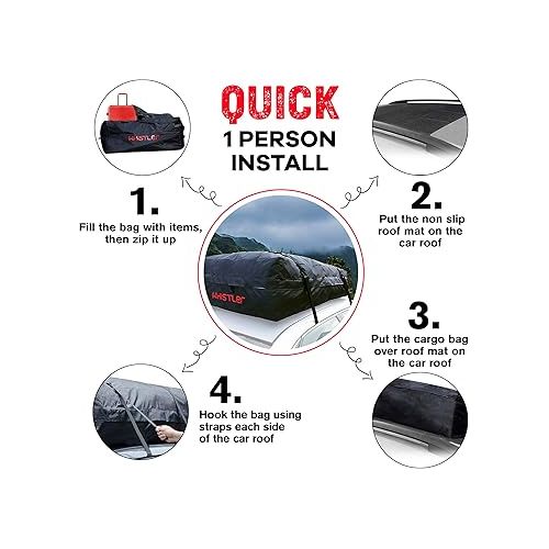  Car Roof Bag Bundle- 100% Waterproof Roof Top Cargo Bag NO Rack Needed + Non Slip Roof Mat & Storage Bag, for Any Car Van or SUV (15 Cubic Feet)