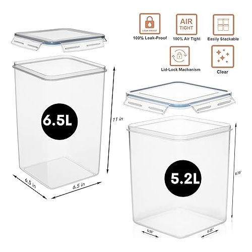  XXL 6.5L / 250 Oz x 2 & XL 5.2L / 175 Oz x 2 - WIDE & DEEP Food Storage Airtight Containers [Set of 4] + Free 4 Measuring Cups + Labels - Ideal for Sugar, Flour Leakproof BPA Free Clear Plastic