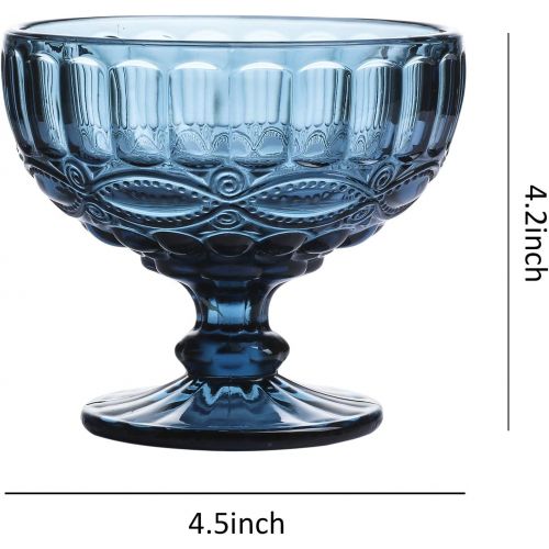  [아마존베스트]WHOLE HOUSEWARES 12 Ounce Glass Ice Cream Cups- Vintage Pressed Pattern Glass Dessert Bowls - Trifle/Fruit/Salad cocktail glass, Solid Glass Color, Set of 4 (Blue)