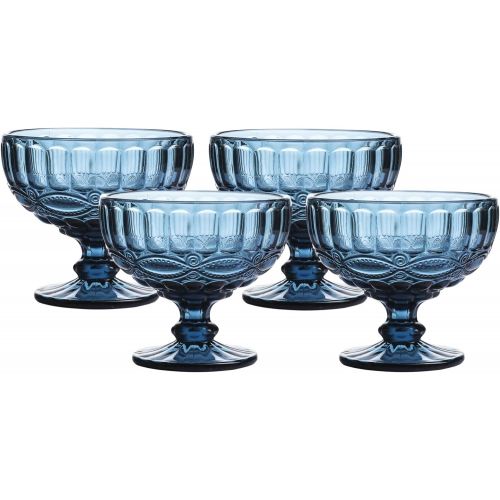  [아마존베스트]WHOLE HOUSEWARES 12 Ounce Glass Ice Cream Cups- Vintage Pressed Pattern Glass Dessert Bowls - Trifle/Fruit/Salad cocktail glass, Solid Glass Color, Set of 4 (Blue)