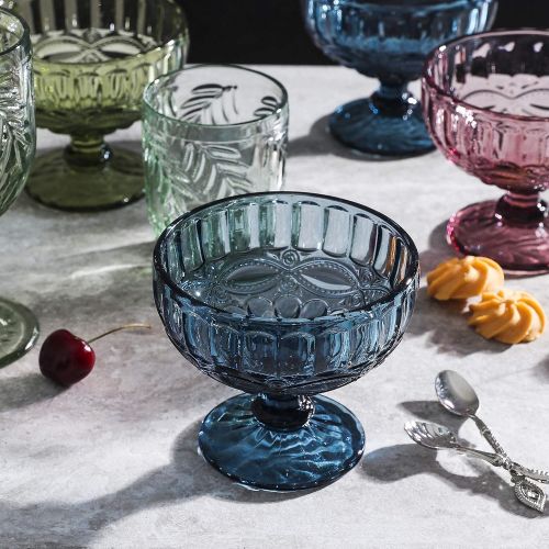  [아마존베스트]WHOLE HOUSEWARES 12 Ounce Glass Ice Cream Cups- Vintage Pressed Pattern Glass Dessert Bowls - Trifle/Fruit/Salad cocktail glass, Solid Glass Color, Set of 4 (Blue)