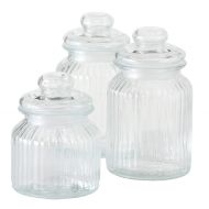 WHW Whole House Worlds Iconic Ribbed and Knob Topped Clear Glass Kitchen Storage Jars, Set of 3, Air Tight Seals, 9, 7 1/2, and 6 Inches Tall