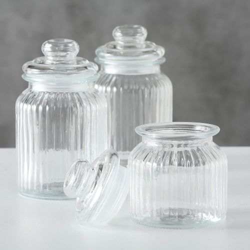  WHW Whole House Worlds Iconic Ribbed and Knob Topped Clear Glass Kitchen Storage Jars, Set of 3, Air Tight Seals, 9, 7 1/2, and 6 Inches Tall