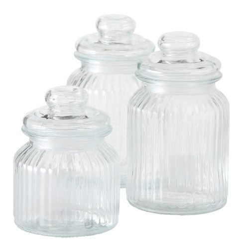  WHW Whole House Worlds Iconic Ribbed and Knob Topped Clear Glass Kitchen Storage Jars, Set of 3, Air Tight Seals, 9, 7 1/2, and 6 Inches Tall