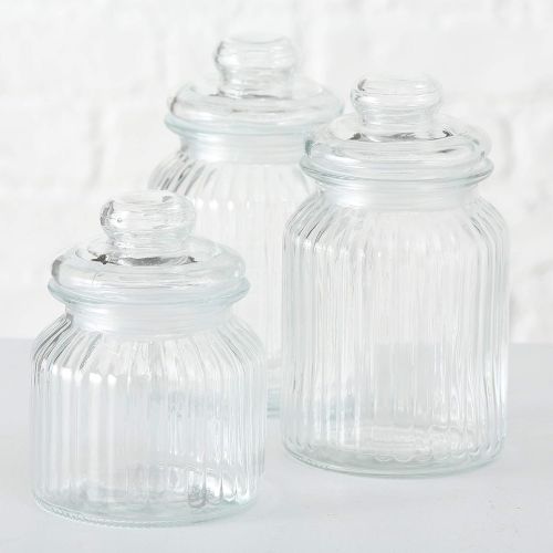 WHW Whole House Worlds Iconic Ribbed and Knob Topped Clear Glass Kitchen Storage Jars, Set of 3, Air Tight Seals, 9, 7 1/2, and 6 Inches Tall