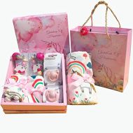 WIDDLE LOVE Unicorn Baby Gift Set | Unicorn Birthday Gifts for Girls Includes One Bamboo Cotton Swaddle Blanket, Two Bamboo Cotton Burp Cloths, Two Teething Pacifier Clips, Two Free Pacifiers