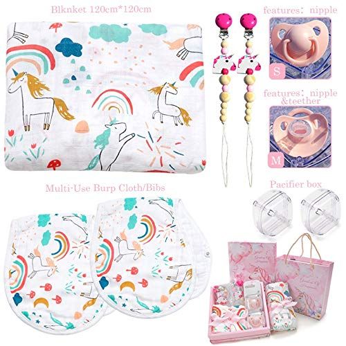  WIDDLE LOVE Unicorn Baby Gift Set | Unicorn Birthday Gifts for Girls Includes One Bamboo Cotton Swaddle Blanket, Two Bamboo Cotton Burp Cloths, Two Teething Pacifier Clips, Two Free Pacifiers