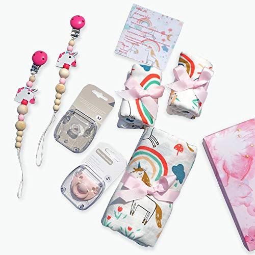  WIDDLE LOVE Unicorn Baby Gift Set | Unicorn Birthday Gifts for Girls Includes One Bamboo Cotton Swaddle Blanket, Two Bamboo Cotton Burp Cloths, Two Teething Pacifier Clips, Two Free Pacifiers
