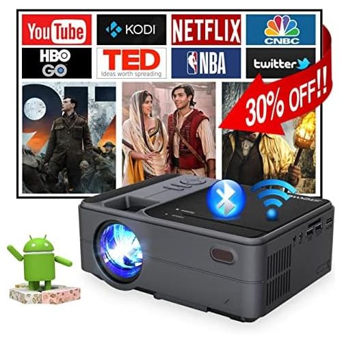  WIKISH Mini LCD Movie Projector, Wireless HD Outdoor Projector 1080P Supported, Smart Bluetooth Android Projector with Airplay Phone Mirroring & Digital Zoom for TV Stick,Video Games,DVD,