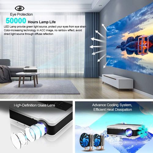  WIKISH Wireless WiFi Bluetooth Projector,Portable Indoor Outdoor Movie Video Lcd Led Home Theater Projector Mirror Zoom 1080p Support for Laptop PS5