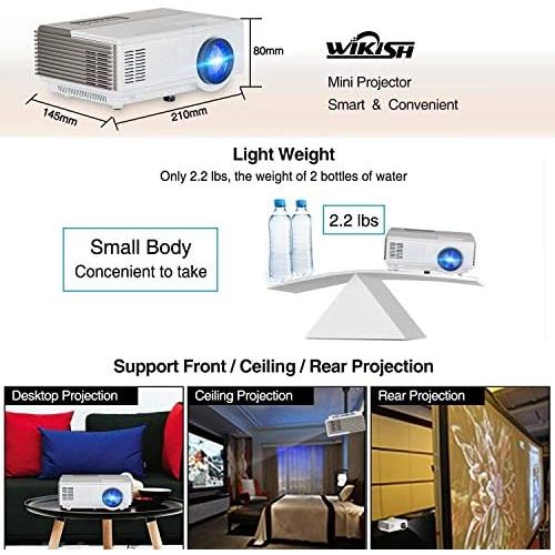  WIKISH Pocket Bluetooth WiFi Wireless Mini Projector 3000 Lumen, HDMI Built-in Speaker Support 1080p HD Airplay Screen Mirror, Multimedia Digital Portable Video Projector Gaming Basement