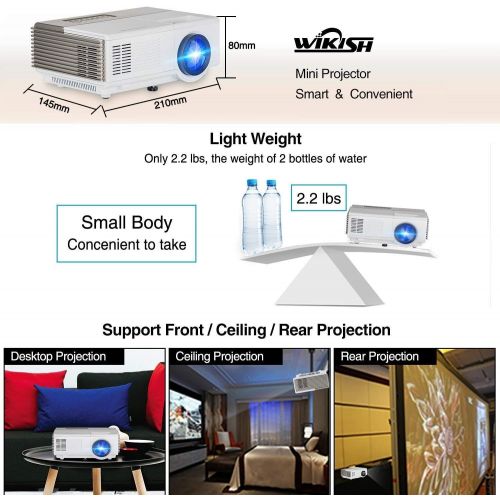  WIKISH Pocket Bluetooth WiFi Wireless Mini Projector 3000 Lumen, HDMI Built-in Speaker Support 1080p HD Airplay Screen Mirror, Multimedia Digital Portable Video Projector Gaming Basement