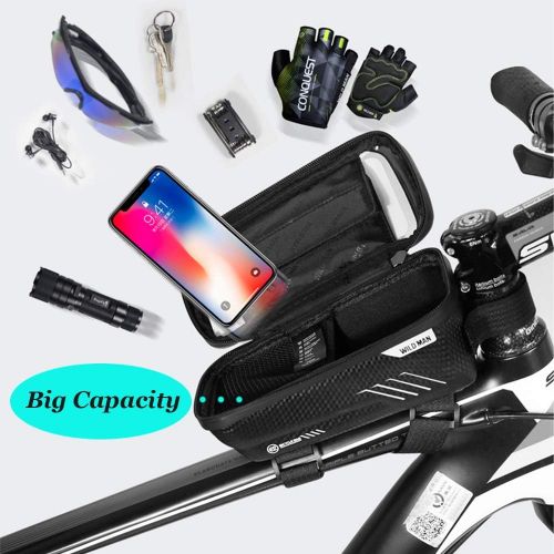  WILD MAN Bike Phone Mount Bag, Cycling Waterproof Front Frame Top Tube Handlebar Bag with Touch Screen Holder Case for iPhone Android Cellphones 6.5”, Bike Accessories for Adult Bi
