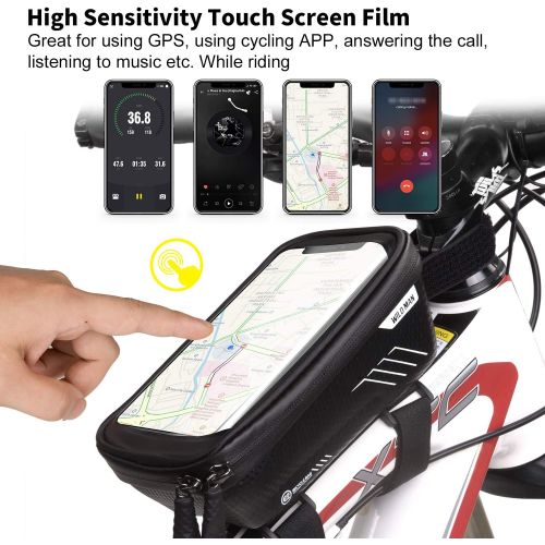  WILD MAN Bike Phone Mount Bag, Cycling Waterproof Front Frame Top Tube Handlebar Bag with Touch Screen Holder Case for iPhone Android Cellphones 6.5”, Bike Accessories for Adult Bi