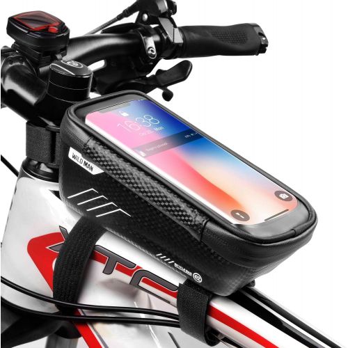  WILD MAN Bike Phone Mount Bag, Cycling Waterproof Front Frame Top Tube Handlebar Bag with Touch Screen Holder Case for iPhone Android Cellphones 6.5”, Bike Accessories for Adult Bi