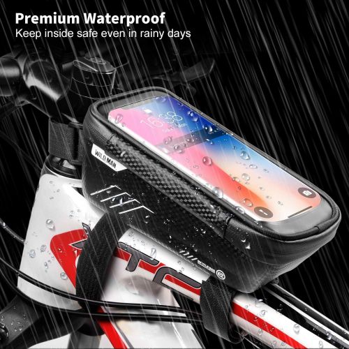  WILD MAN Bike Phone Mount Bag, Cycling Waterproof Front Frame Top Tube Handlebar Bag with Touch Screen Holder Case for iPhone Android Cellphones 6.5”, Bike Accessories for Adult Bi