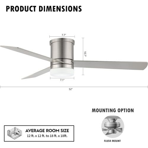  WINGBO 52 Flush Mount Modern Ceiling Fan with Light and Remote Control, Hugger Ceiling Fan Brushed Nickel, 3 Reversible Blades, Low Profile LED Ceiling Fan for Living Room Kitchen